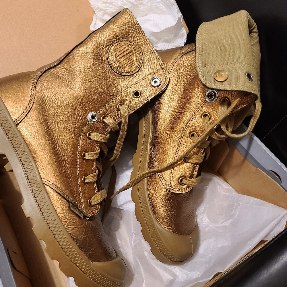 Rare Bronze metalized leather palladium boots 10